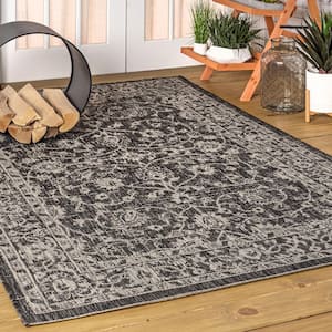 Palazzo Black/Gray 5 ft. Vine and Border Textured Weave Square Indoor/Outdoor Area Rug