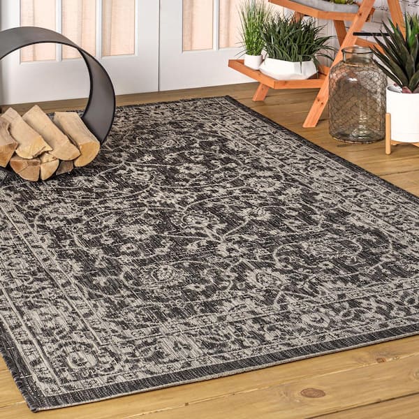 JONATHAN Y Palazzo Black/Gray 5 ft. Vine and Border Textured Weave Square Indoor/Outdoor Area Rug