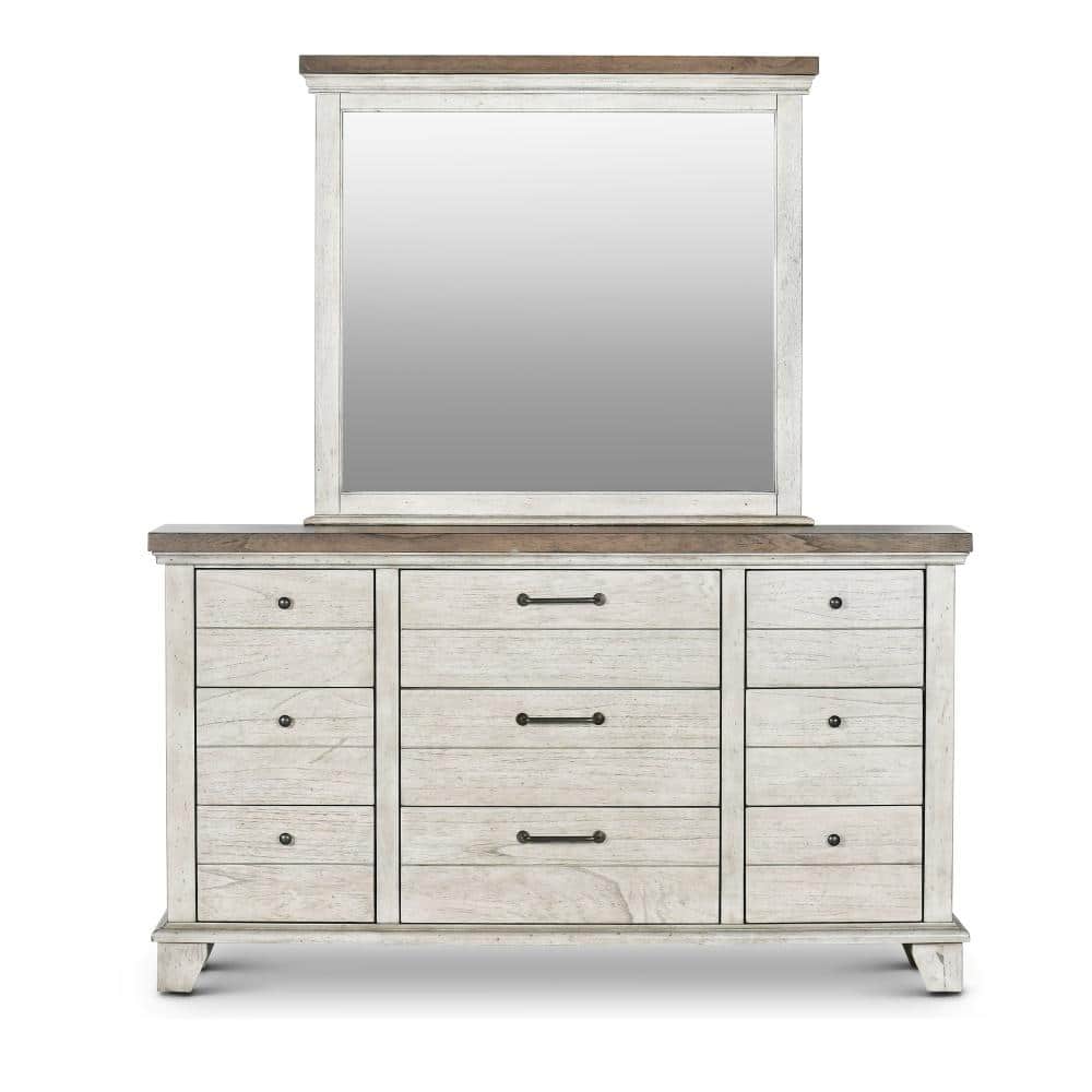 Rustic Ivory and Honey 9-Drawer Dresser with Mirror