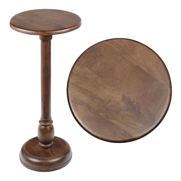 Leopold 11 in. Cottage Designer Mango Wood Pedestal Round Drink Table and Decorative End Table, Dark Brown