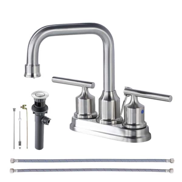 IVIGA 4 in. Centerset Double Handle High Arc Bathroom Faucet with Drain Kit in Brushed Nickel