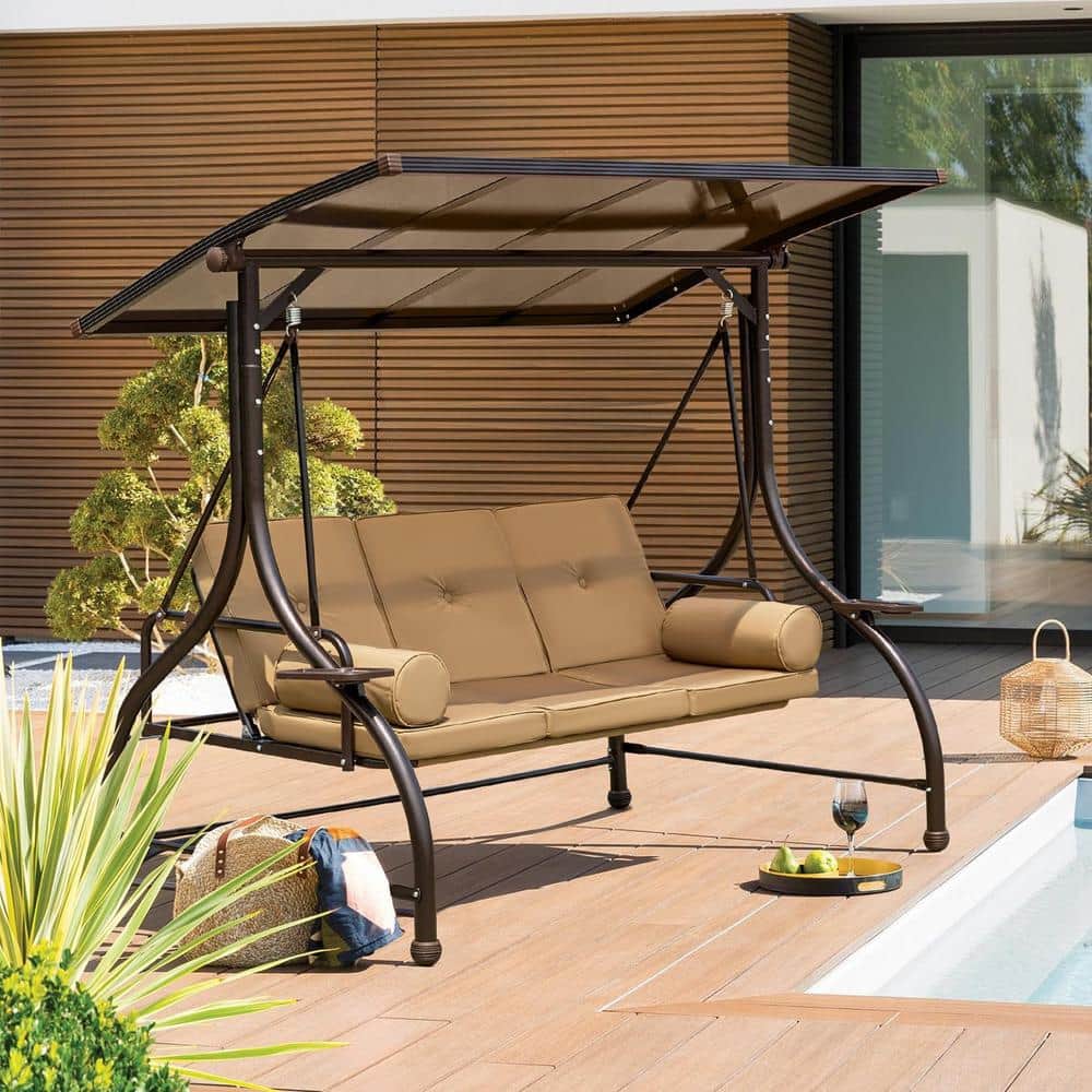 67 in. 3-Person Outdoor Metal Patio Swing Chair with Adjustable Canopy for 