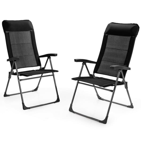 Gtnali Metal Patio Folding Outdoor Dining Chair in Black with Headrest Adjust Set of 2