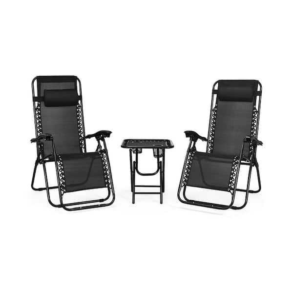 Unbranded Outdoor 3 Pieces Folding Portable Zero Gravity Reclining Lounge Chairs With Table In Black