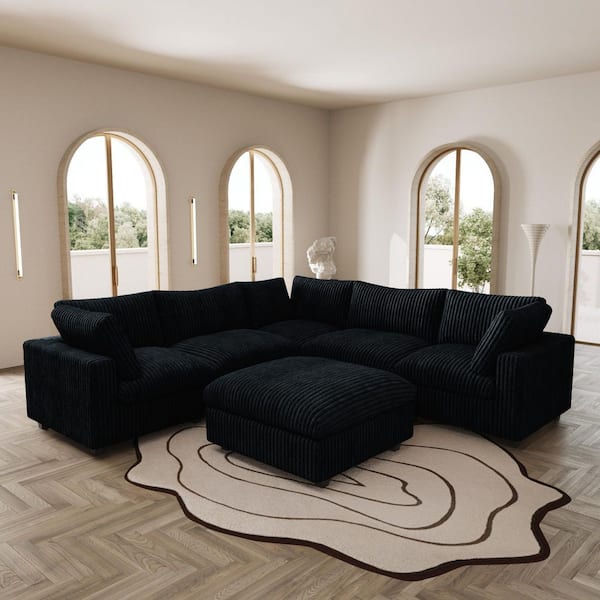 Unbranded 157.48 in. Square Arm 6-piece Rabbit Velvet Plush U-Shaped Free Combination Sectional Sofa with Ottoman in Black