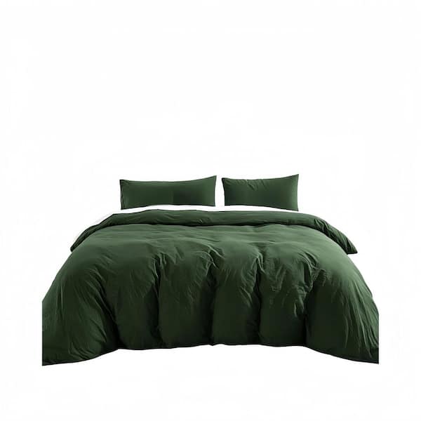 Olive Green 3-Piece - 100% Certified Organic Cotton Duvet Cover Set , Linen-Like Texture, Breathable, Queen Size