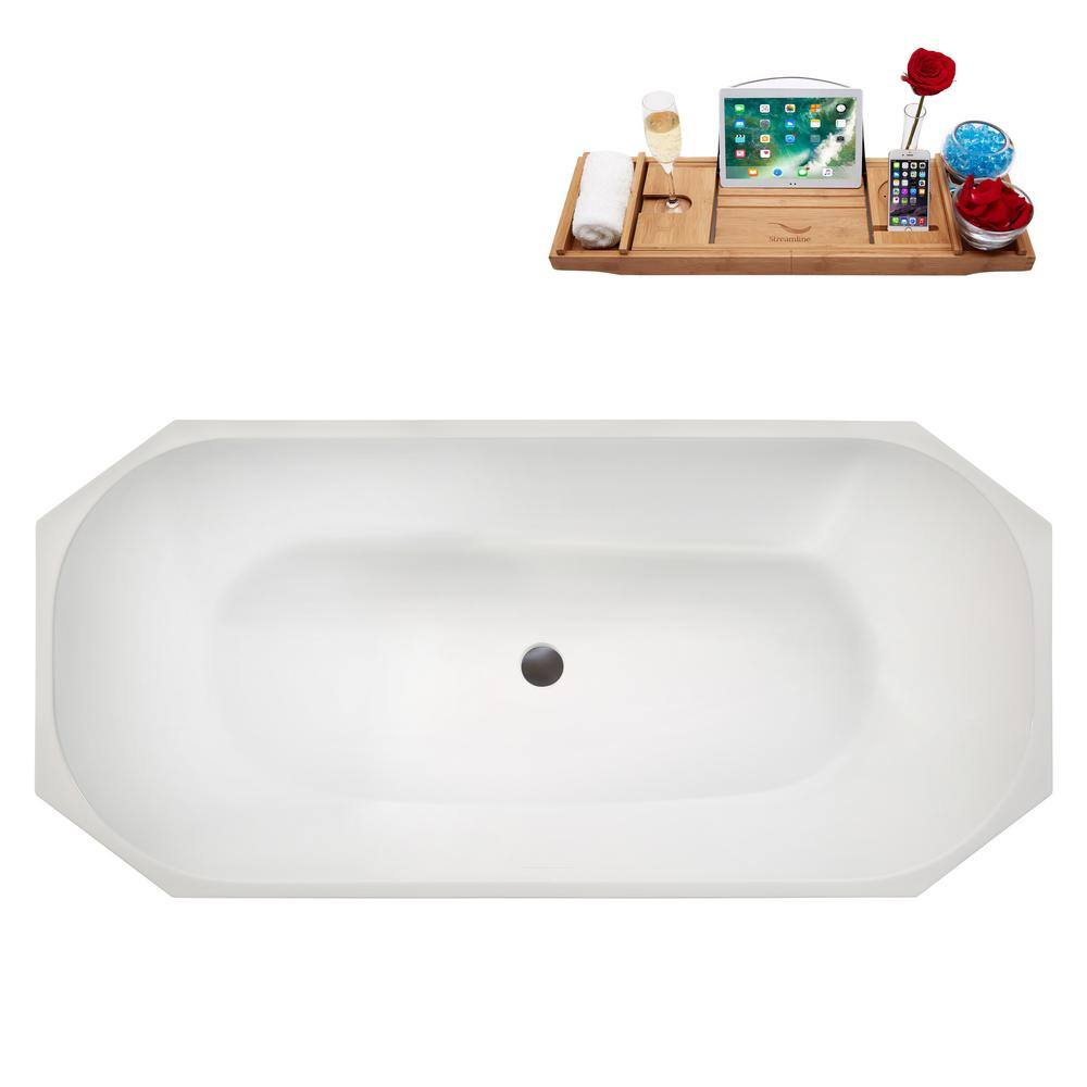 63" Glossy White Acrylic Freestanding Double Slipper Bathtub with Bamboo Tray