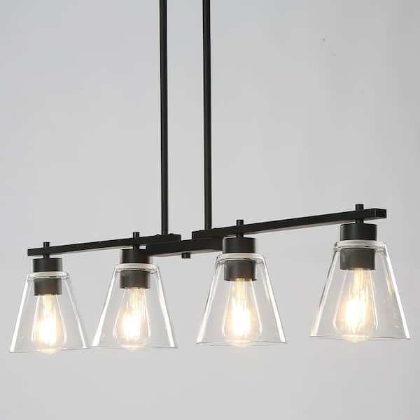 34 in. 4-Light Farmhouse Modern Black Linear Island Pendant with Clear Glass Shade for Kitchen Island, Dining Room