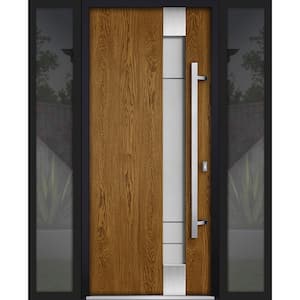 1713 60 in. x 80 in. Left-hand/Inswing 2 Sidelights Frosted Glass Natural Oak Steel Prehung Front Door with Hardware