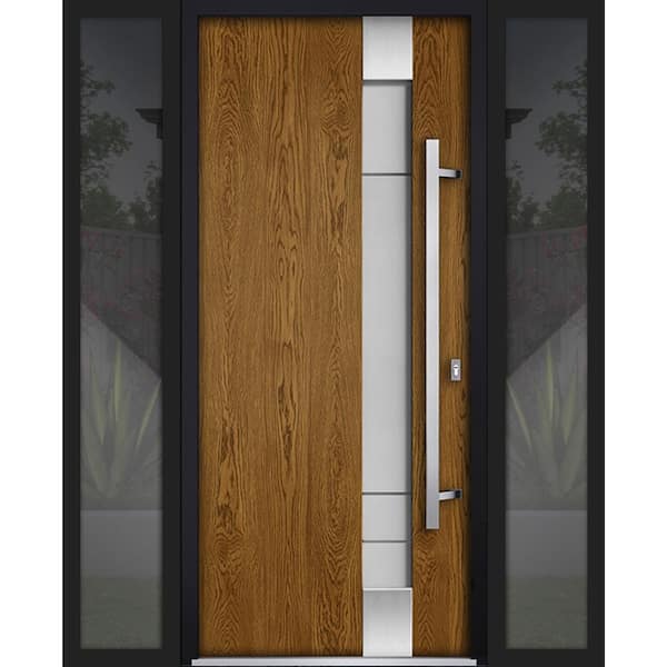 VDOMDOORS 1713 60 in. x 80 in. Left-hand/Inswing 2 Sidelights Frosted Glass Natural Oak Steel Prehung Front Door with Hardware