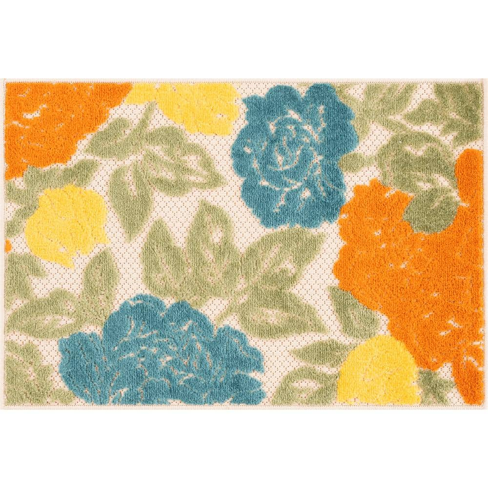 Tayse Rugs Oasis Gold 2 ft. x 3 ft. Floral Indoor/Outdoor Area Rug ...