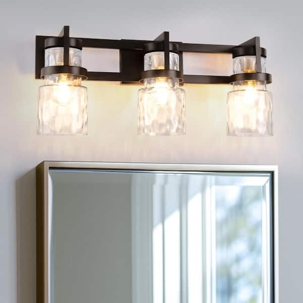 YANSUN 23 in. 3-Light Black and Gold Industrial Cylinder Vanity Light for Bathroom Mirror with Water Glass Shades