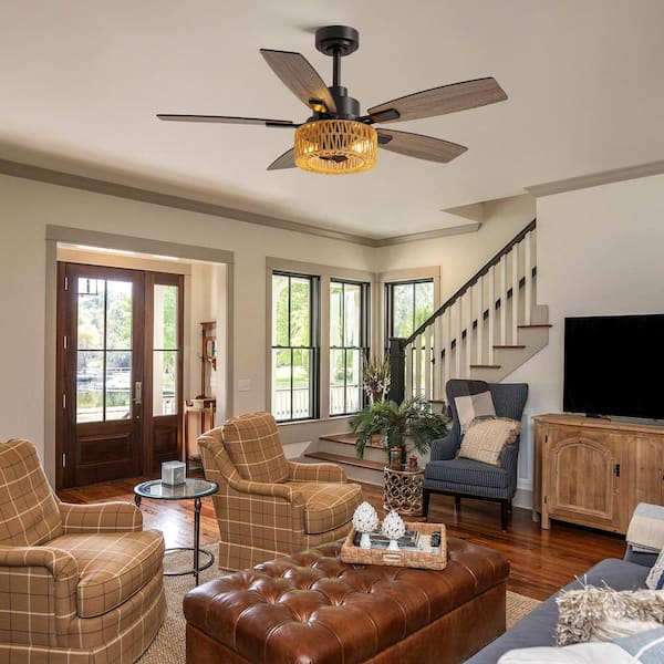 46 in. Indoor Boho Black Caged Ceiling Fan with Light Kit, Reversible Blades and Remote Included