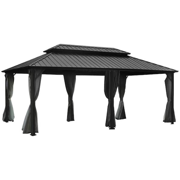 VEIKOUS 20 ft. x 12 ft. Aluminum Double Hardtop Gazebo with Grey Curtains and Netting