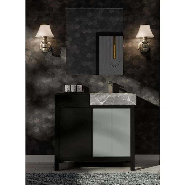 Zilara 36 in x 22 in D Black and Grey Bath Vanity, Castle Grey Marble Top, Gun Metal Faucet Set and 30 in Mirror
