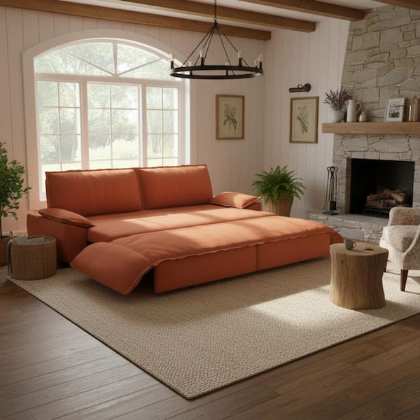CHAN 73.2 in. Terracotta Orange Corduroy Queen Size Sofa Bed, 3-in-1 Convertible with Pull-Out Design