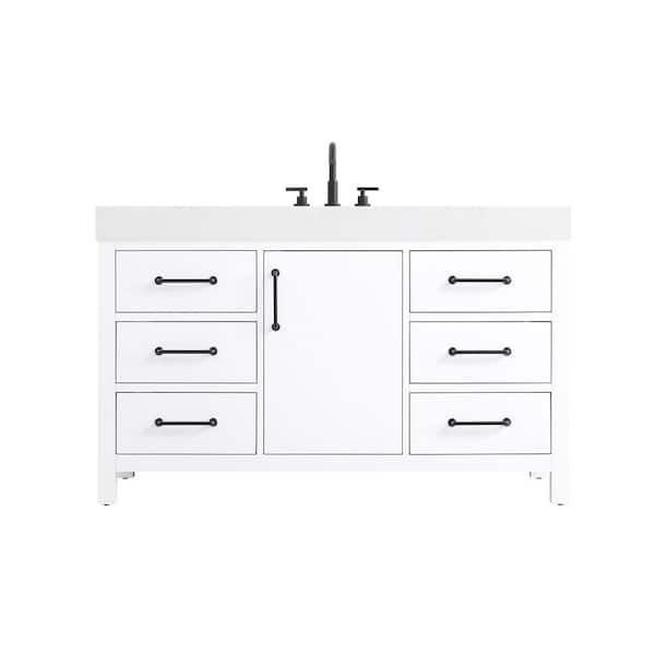 54 in. Single Sink White Bath Vanity with White Engineered Marble Top