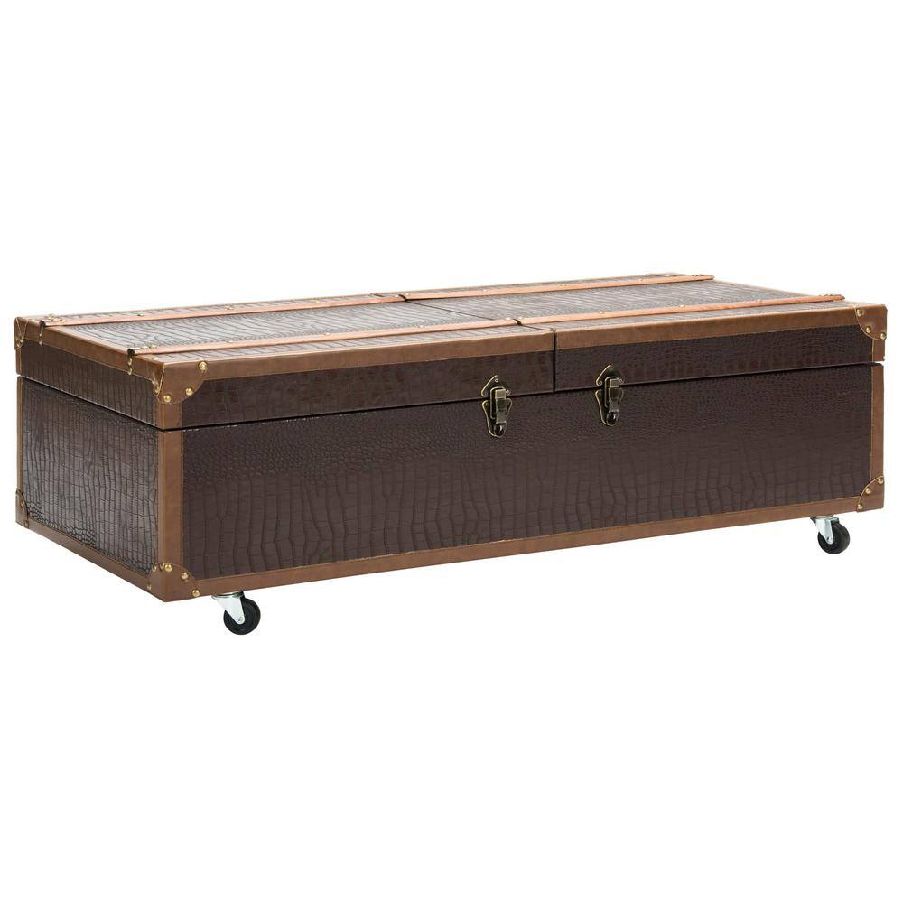 Transitional Mix Walnut and Brass Storage Trunk Coffee Table
