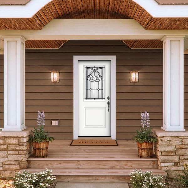 36 in. x 80 in. Left-Hand/Inswing 1/2 Lite Ardsley Decorative Glass Modern White Fiberglass Prehung Front Door