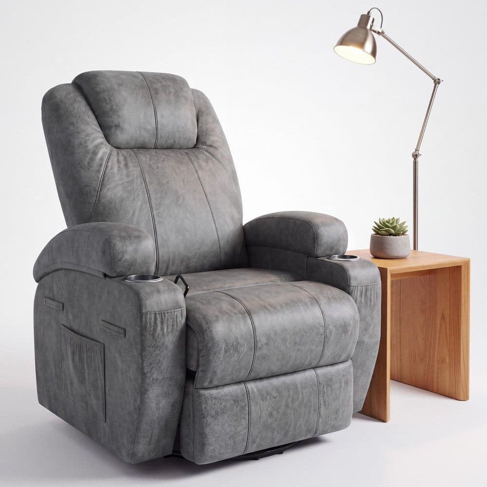 Gray Fabric 360° Swivel Rocker Recliner Chair with 8-Point Massage and Cup Holders for Living Room and Home Theater