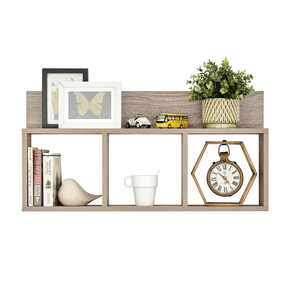 Weathered Oak 3-Cube Floating Wall Shelf with Display Ledge