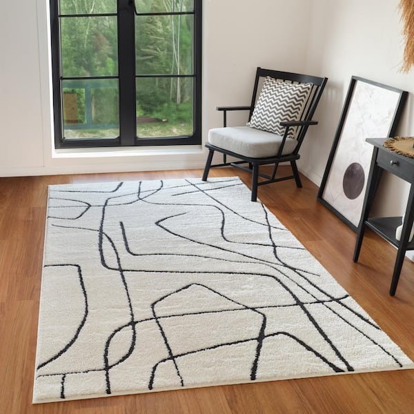 Monotone 5 x 8 Ivory Moraccan Pattern Area Rug for High Traffic Living Room Dining Room Bedroom