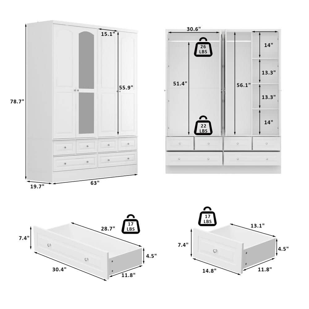 White Wood 63 in. W Big Wardrobe Armoires Mirror, Hanging Rods, Drawers, Adjustable Shelves, 78.7 in. H x 19.7 in. D - thumbnail 3