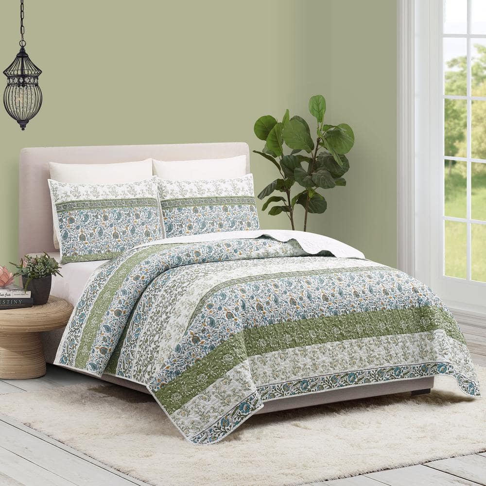 Marseille King Blue and Green Microfiber Quilt Set