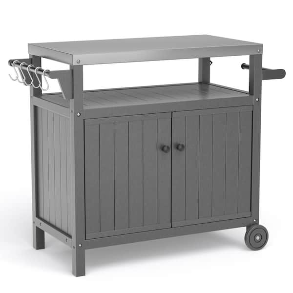 Sudzendf Gray Outdoor Stainless Steel Tabletop Grill Cart with Wheels, Hooks and Side Shelf