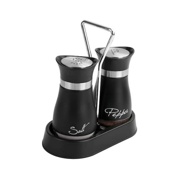 Stainless Steel Glass Salt and Pepper Shaker Set Black Easy Clean Distinguish Spices Holder 2-Pieces