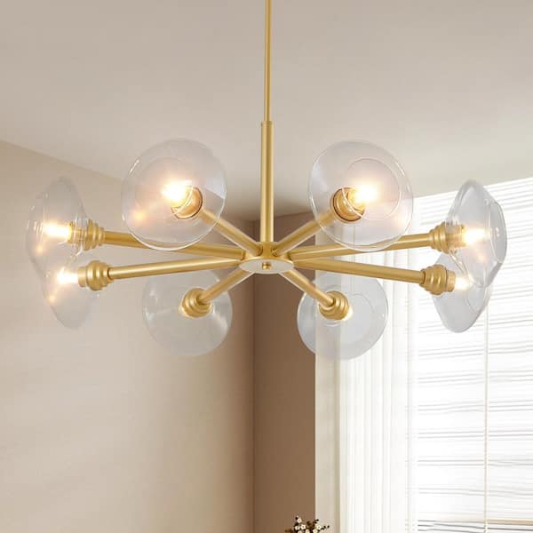 8-Light Gold Chandelier with Glass Shades, Adjustable Height for Dining Room, Living Room (No Bulb Included)