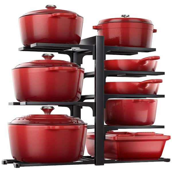 Black Heavy Duty 8-Tier Adjustable Cookware Rack Pot Organizer for Cabinet Holds 120 lbs. Cast Iron Pan