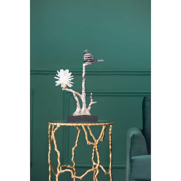 15 in. H Silver Aluminum Candle Holder with Marble Base, Adorable Bird & Flower Accent, Eye-catching Home Decor