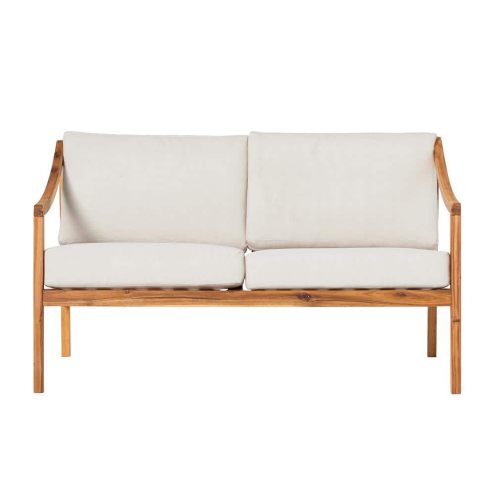 Natural Curved Arm Solid Wood Upholstered Outdoor Loveseat with Beige Cushi