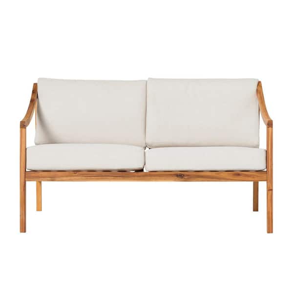 Unbranded Natural Curved Arm Solid Wood Upholstered Outdoor Loveseat with Beige Cushions