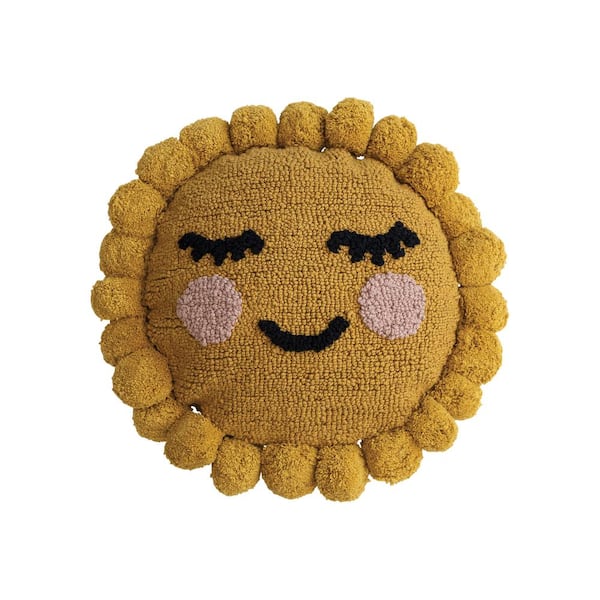 Storied Home Yellow, Black & Pink Polyester 12 in. x 12 in. Punch Hook Sun Shaped Throw Pillow with Face and Pom Pom Trim