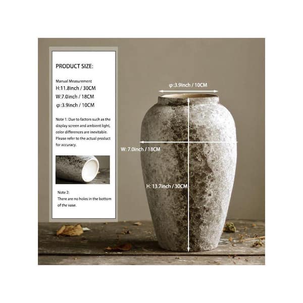 11. 8in，Tall terracotta ceramic floor vase with a rustic