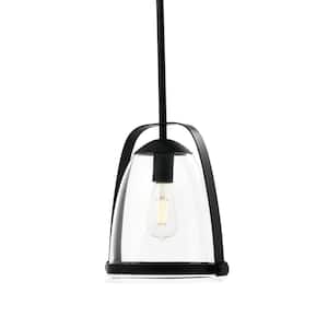 1-Light Matte Black Craftsman Pendant Light with Clear Glass Shade