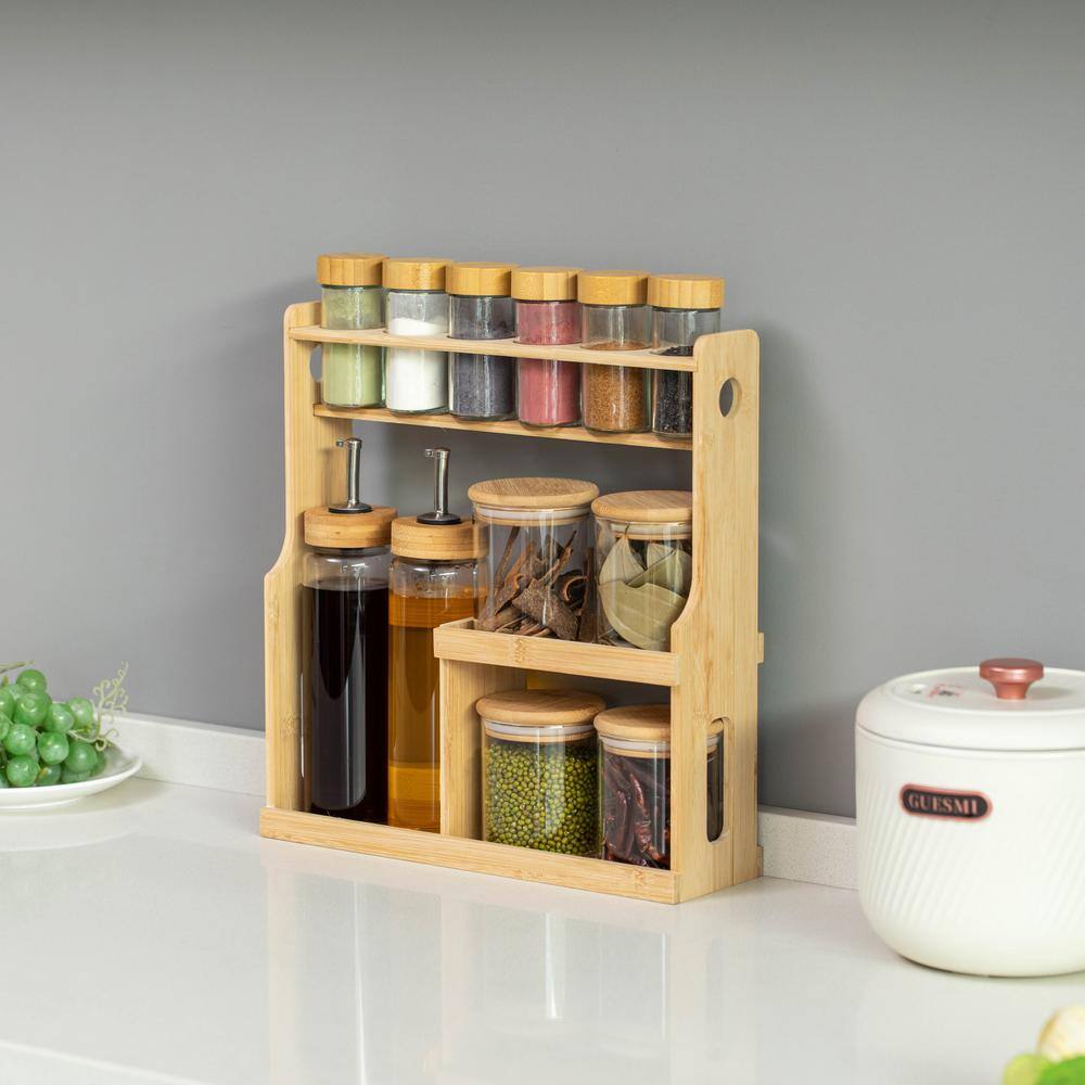 3-Tier Bamboo Spice Rack with Airtight Jars and Dispensers