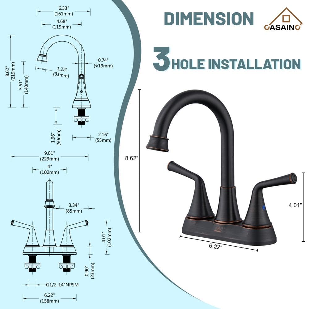 Oil Rubbed Bronze 4-Inch 2-Handle Stainless Steel Bathroom Faucet