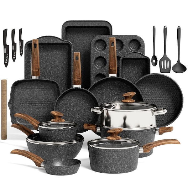 30-Piece Black Granite Nonstick Induction Cookware and Bakeware Set with Pots, Pans, and Baking Trays