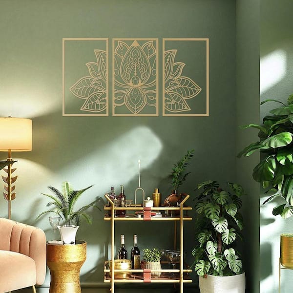 3-Pieces 17 in. x 10 in. Gold Metal Lotus Flower with Wall