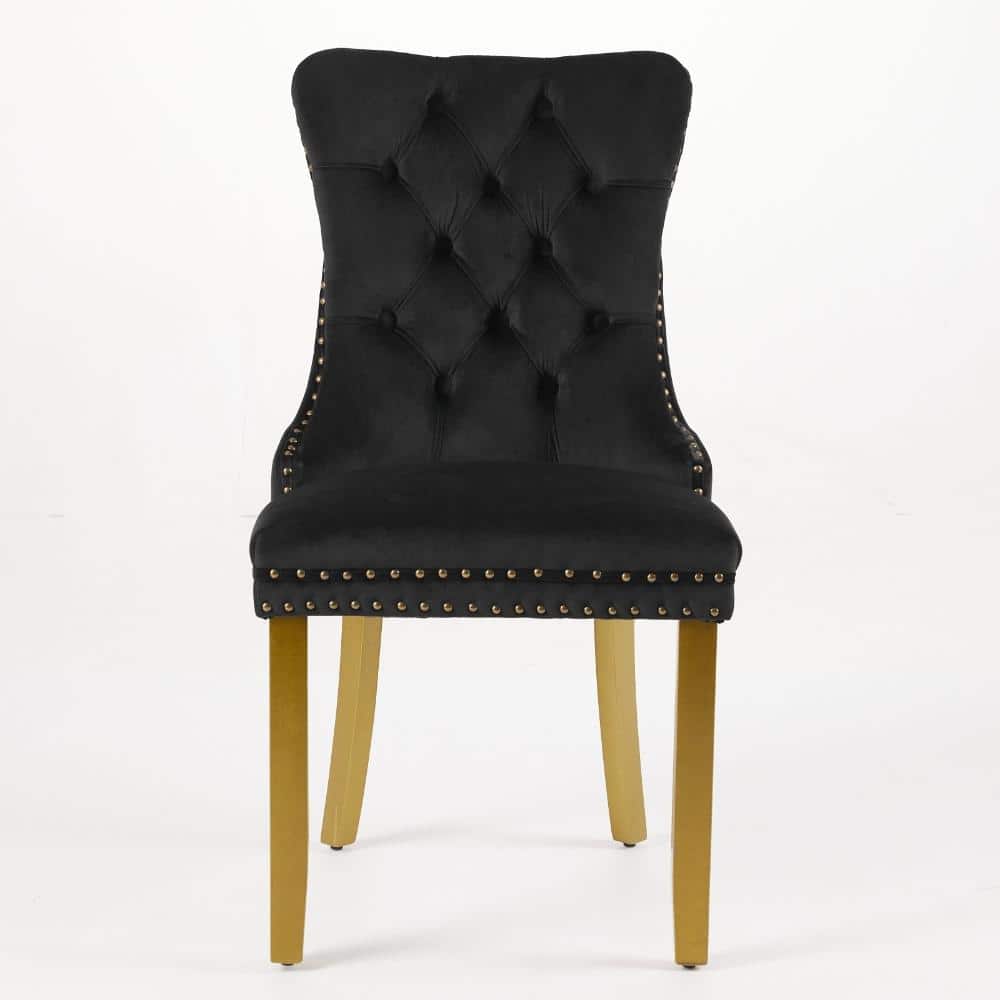 Black Velvet Upholstered Dining Chair with High Backrest, Tufted Design, Lion Head Pull Ring, Golden Wooden Legs, price history on PriceWatchPro