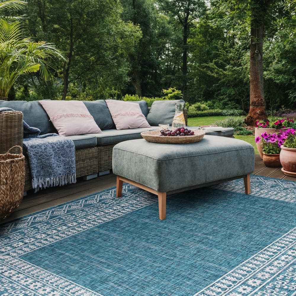 Blue and Grey Rectangular Synthetic Indoor/Outdoor Area Rug