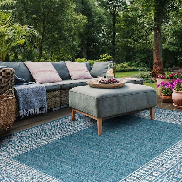 Courtyard Blue/Gray 8 ft. x 11 ft. Border Ornate Indoor/Outdoor Area Rug