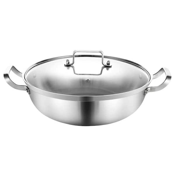 Tri-Ply Stainless Steel 14 in. Nonstick Deep Frying Pan with Lid in Silver Induction Oven Safe Saute Pan, 1-Piece