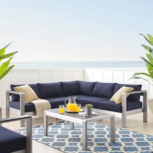 Shore Silver Sunbrella Fabric Outdoor Aluminum 4 Piece Sectional Sofa Set with Navy Cushions