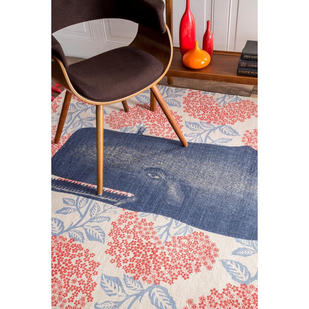 Coastal Charm Red Cotton Flatweave Whale Area Rug, 3' x 5'