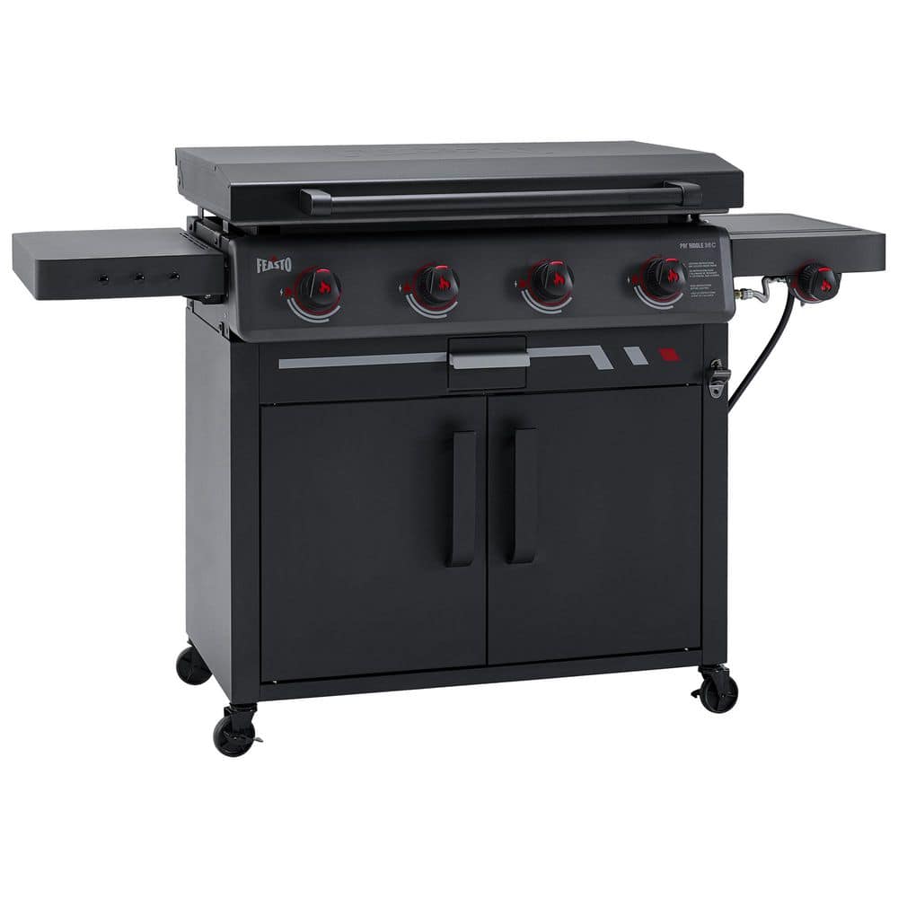 4-Burner Propane Gas Grill 36 in. Flat Top Griddle in Black with Side Burner and Lid