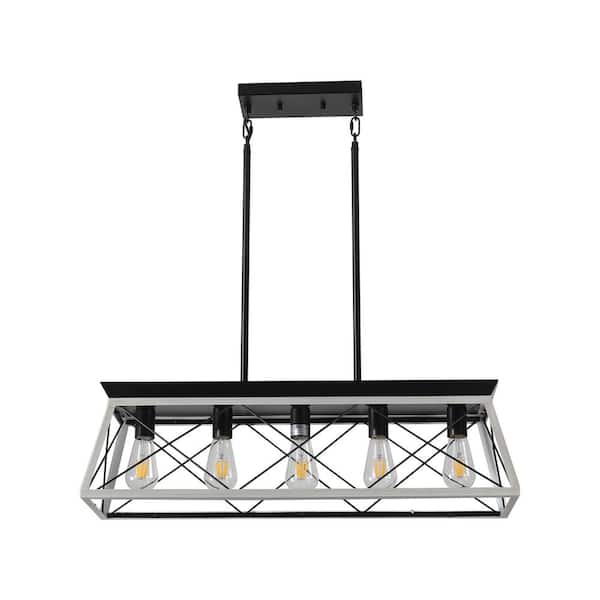 VEVETTA 5-Light White Wood Farmhouse Linear Chandelier with Rectangle Frame and Adjustable Height for Kitchen Island (No Bulbs)